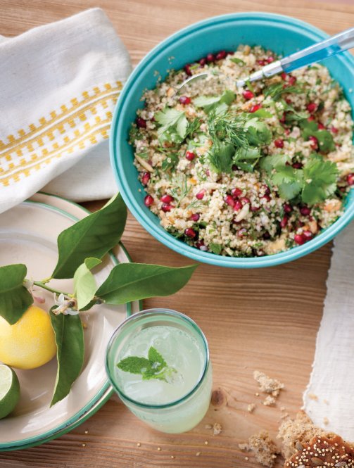 Pomegranate, nut, and green herb quinoa