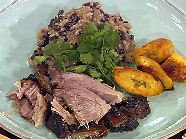 Puerto Rican-Style Roasted Pork Shoulder with Rice and Black Beans and Fried Sweet Plantains