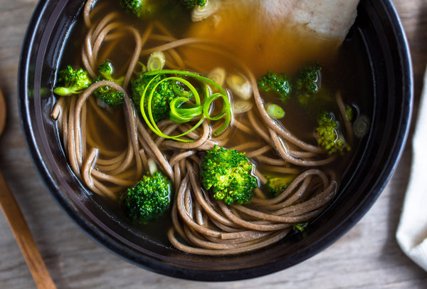 Noodle Bowl with broccoli and smoked trout