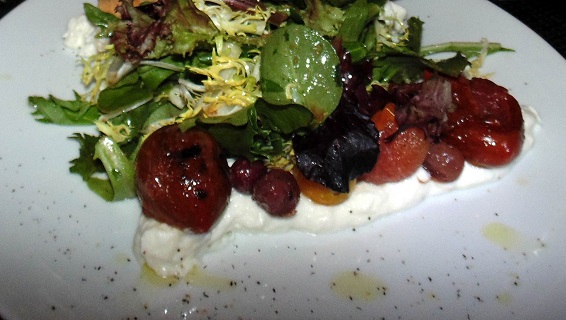 Salad with Greens, assorted tomatoes, olives and goat cheese