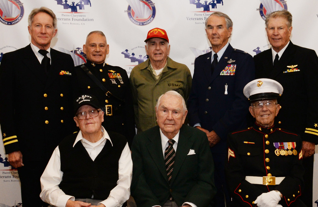 Honorees and their presenters are all present and accounted for here L to R: Front row: Ken Morehouse (USN), Bob Beckham(USMC) and Ben Bellefeuille(USMC) Back row: Steve Penner(USN), *Fred Lopez(USMC), Joe Hale(USMC), *Phil Conran(USAF), *John Blankenship(USN).   * = Board for PCVF - Phil is President, John’s title is Co-Founder/Executive Director 