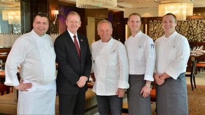 Chef StephanoAndreoli, GM Grek Pirkle, Chef Wolfgang Puck, Chef Brian Becker, Chef Ben Small at Four Seasons Bahrain Bay Hotel Opening
